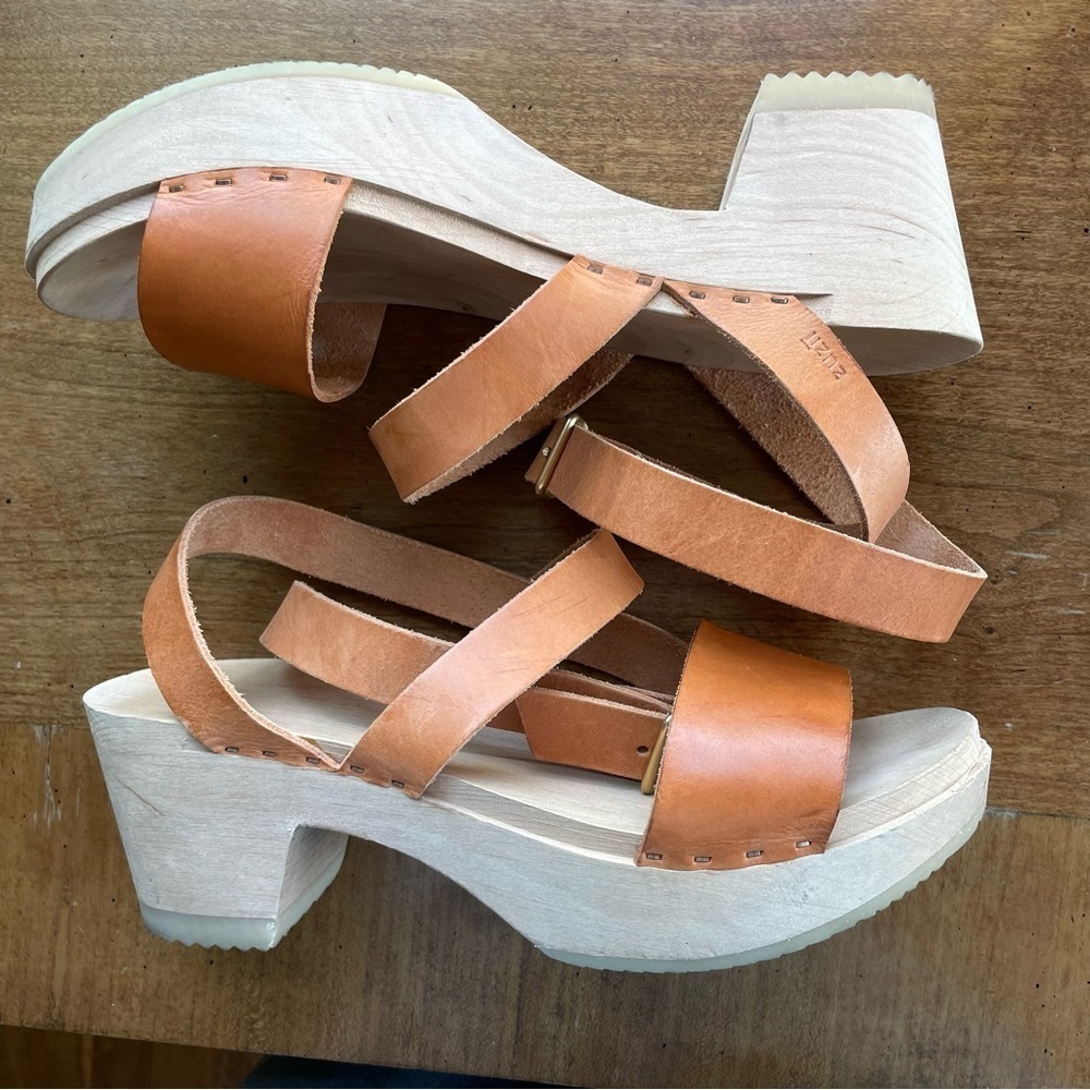Zuzii Ankle Wrap Strappy Leather Wooden Platform Sole Clog Sandals